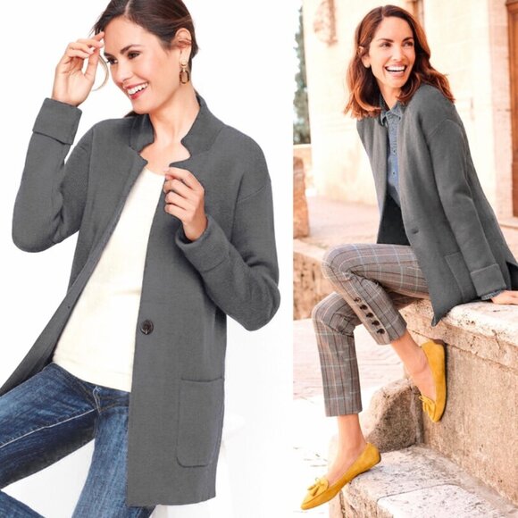 NWT Women's TALBOTS Lamb’s Wool Blazer Cardigan in Charcoal- Size‎ Lp - Picture 1 of 8